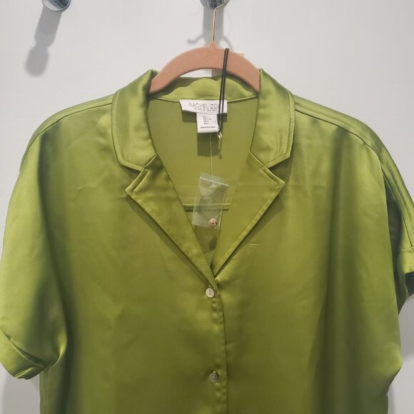 Rachel Zoe New Chartreuse Green Short Sleeve Satin Button Down Blouse  Large - Picture 4 of 9